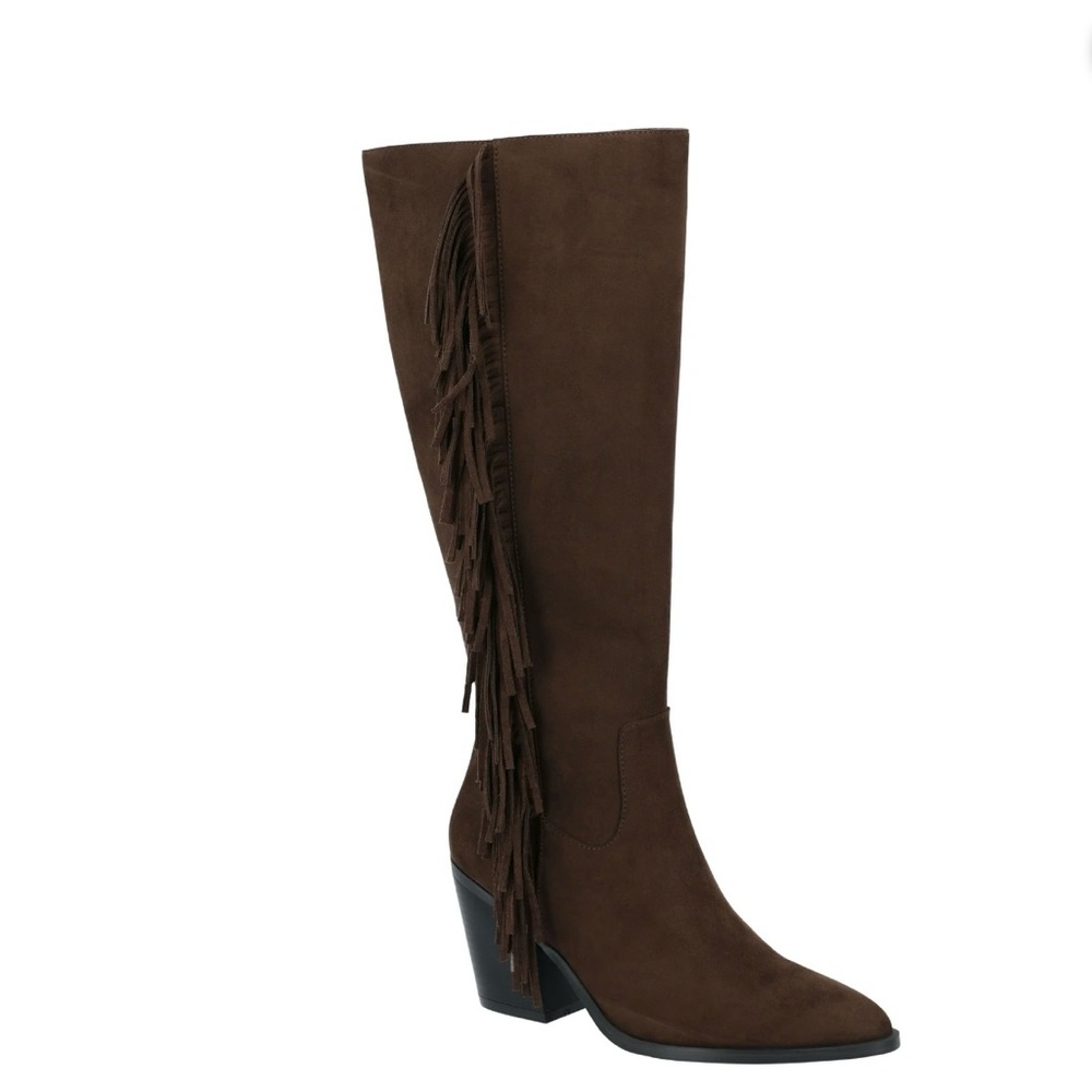 Time and Tru Women's Faux Suede Tall Fringe Boots in Sand - Picture 2 of 6